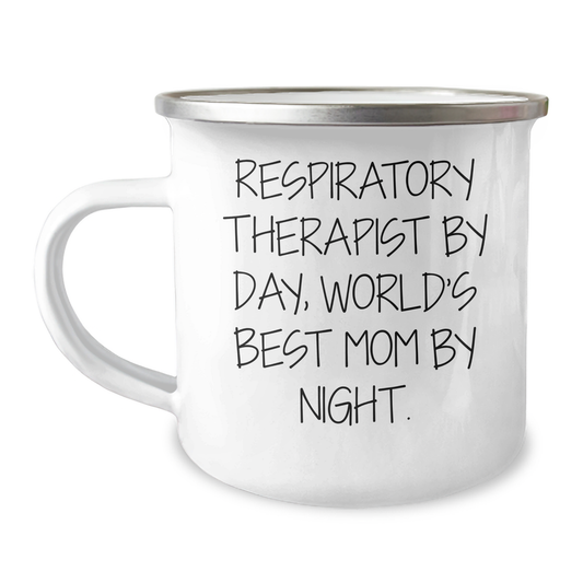 Respiratory Therapist Camping Mug, Funny Quote Gifts for Men, Father's Day Unique Gifts from Family, 'Respiratory Therapist By Day, World's Best Mom By Night', 12 oz Stainless Steel Enamel Finish - Image 1