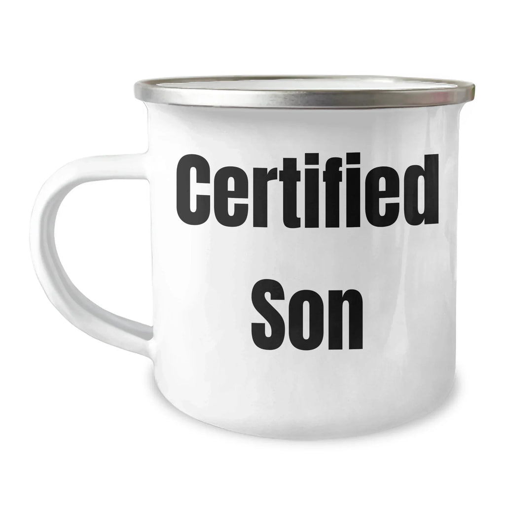 Funny Son Gifts, Camping Mug for Dad's Special Day, 'Certified Son' Quote, 12 oz Stainless Steel with Enamel Finish, Gifts from Family for Son