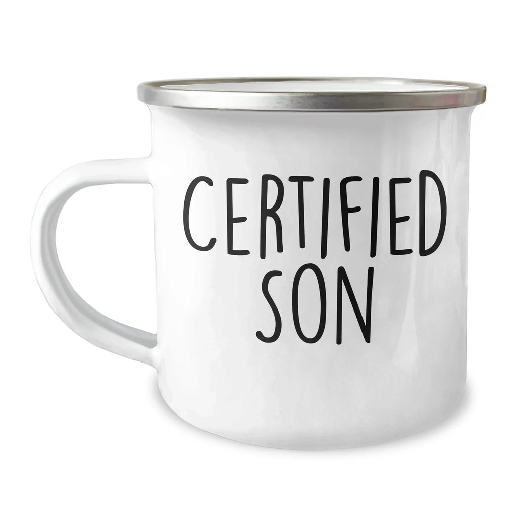 Funny Son Gifts from Mom on Father's Day - Camping Mug for Outdoorsy Dads, 12 oz, Stainless Steel with Enamel Finish, 'Certified Son'