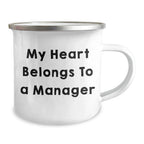 Manager's Heart Belongs to Camping Mugs, Funny Gift from Friends to Boss on Graduation, 12 oz Stainless Steel with Enamel Finish