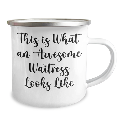 Funny Waitress Gifts, Gifts from Men to Waitress, Camping Mug for Father's Day, 'This Is What An Awesome Waitress Looks Like' Quote, 12 oz Stainless Steel with Enamel Finish - Image 2
