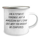 Fitness Trainer Gifts from Friends for Him, Funny Quote Camping Mug, 12 oz Stainless Steel with Enamel Finish for Men, Perfect for Father's Day