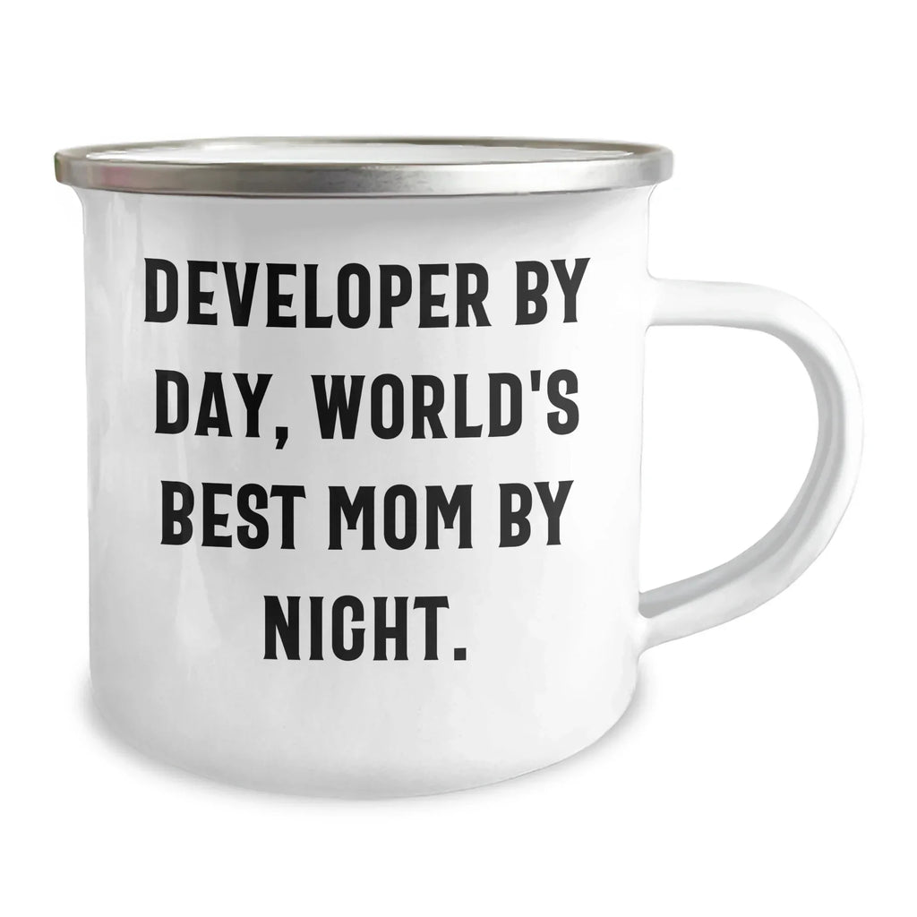 Funny Developer Gifts, Developer By Day, World's Best Mom By Night. 12 oz Camping Mug, Perfect for Graduation