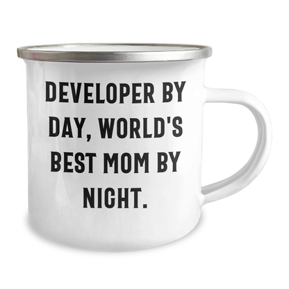 Funny Developer Gifts, Developer By Day, World's Best Mom By Night. 12 oz Camping Mug, Perfect for Graduation - Image 2