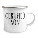 Funny Son Gifts from Mom on Father's Day - Camping Mug for Outdoorsy Dads, 12 oz, Stainless Steel with Enamel Finish, 'Certified Son'