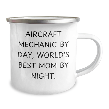 Gifts from Friends to Aircraft Mechanics, Funny Quote Camping Mug for Graduation, 'Aircraft Mechanic By Day, World's Best Mom By Night.' - Image 2