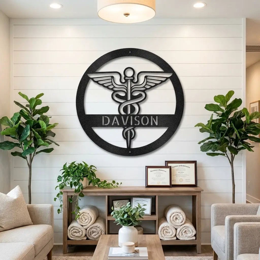 Personalized Medical Symbol Metal Wall Art – Custom Caduceus Steel Sign – Doctor Nurse Healthcare Professional Gift Decor