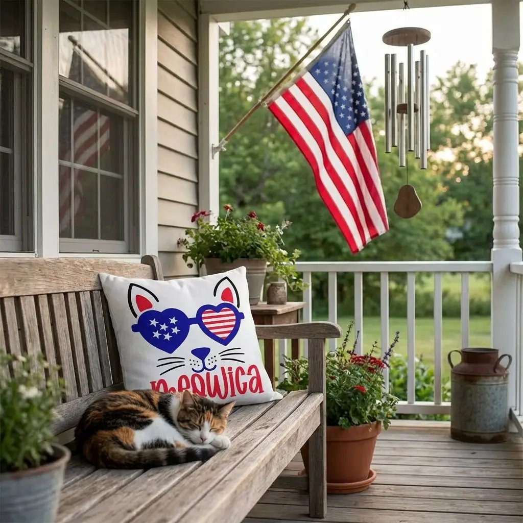 Meowica Patriotic Cat Indoor Outdoor Pillow – Funny USA Cat Throw Pillow – 4th of July Cat Decor – Red White Blue Cushion – Cat Lover Gift