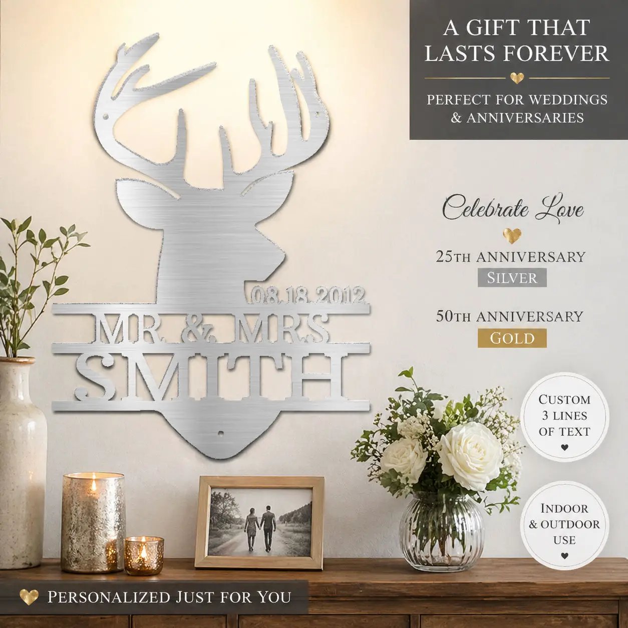 Personalized Deer Head Metal Sign, Mr & Mrs Name Sign, Wedding Gift, Anniversary Gift 25th 50th, Custom Last Name Wall Decor, Rustic Lodge Decor