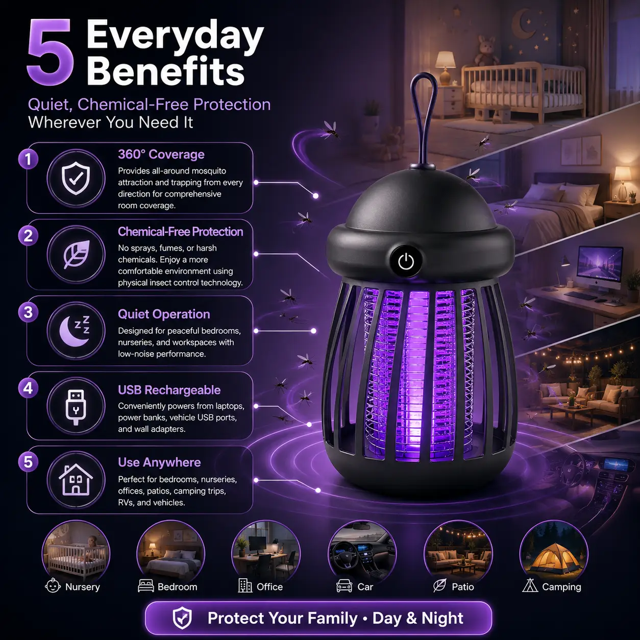 Mosquito Killer Lamp USB Rechargeable – 360° Insect Trap & Electric Bug Zapper for Indoor & Outdoor Use