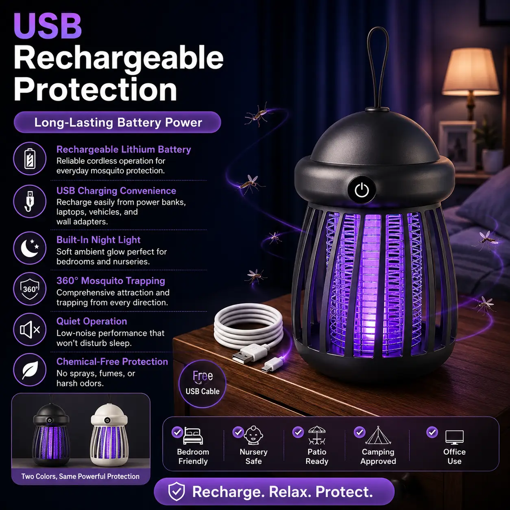 Mosquito Killer Lamp USB Rechargeable – 360° Insect Trap & Electric Bug Zapper for Indoor & Outdoor Use