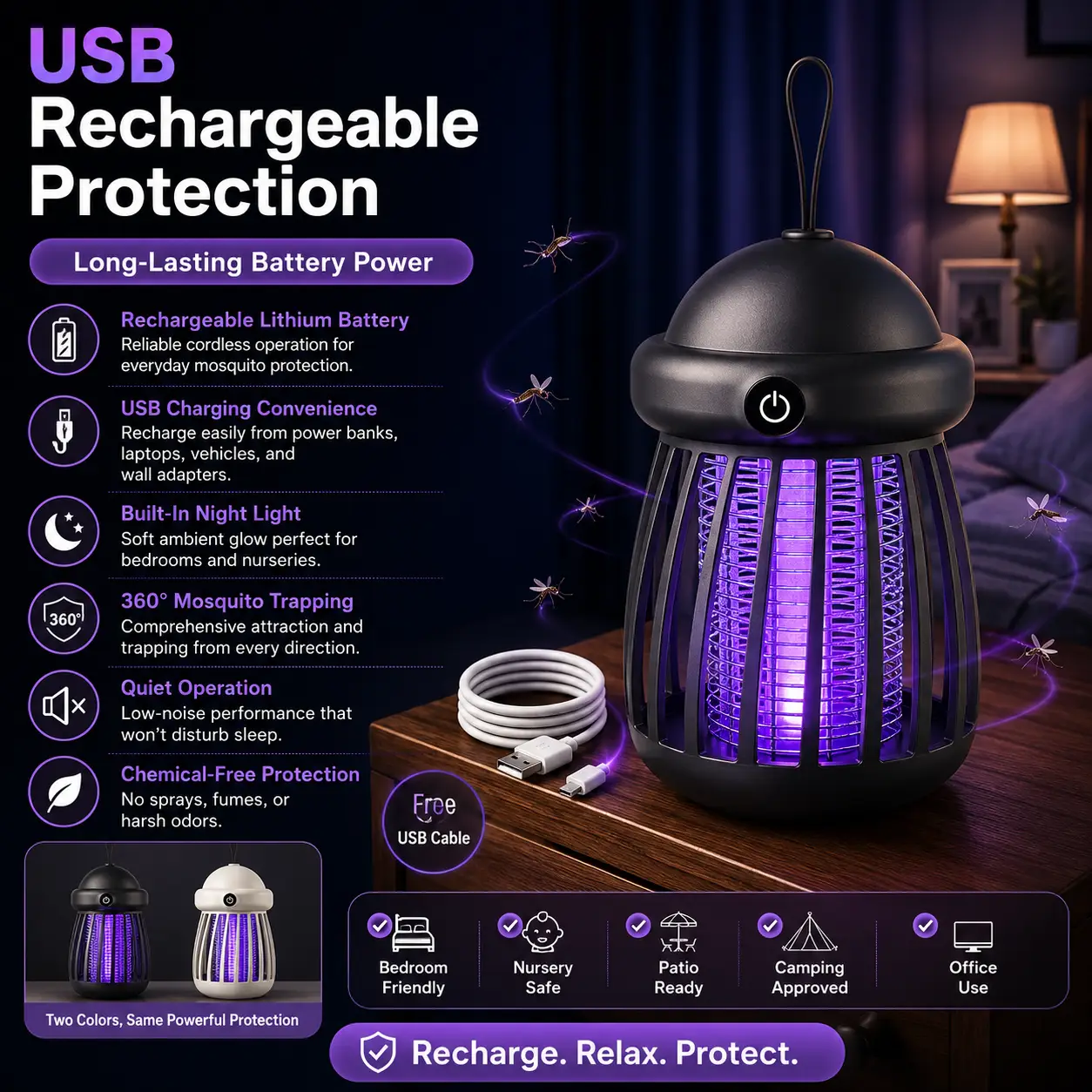 Mosquito Killer Lamp USB Rechargeable – 360° Insect Trap & Electric Bug Zapper for Indoor & Outdoor Use