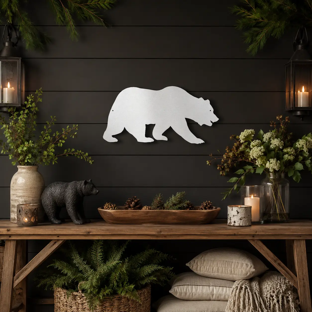 Grizzly Bear Metal Wall Art Sign – Rustic Cabin Wildlife Decor – Bear Silhouette Steel Wall Art – Outdoor Lodge Mountain Home Decor