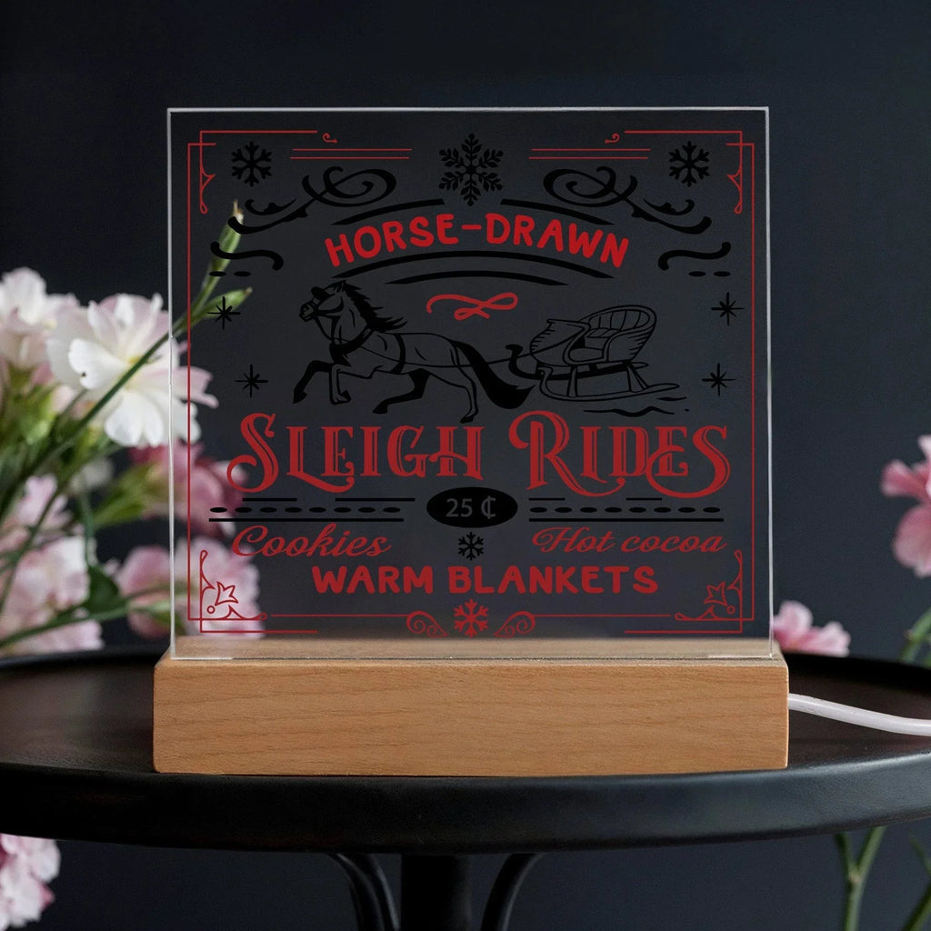 Christmas Horse Drawn Sleigh Rides Acrylic Square Plaque with LED Wooden Base