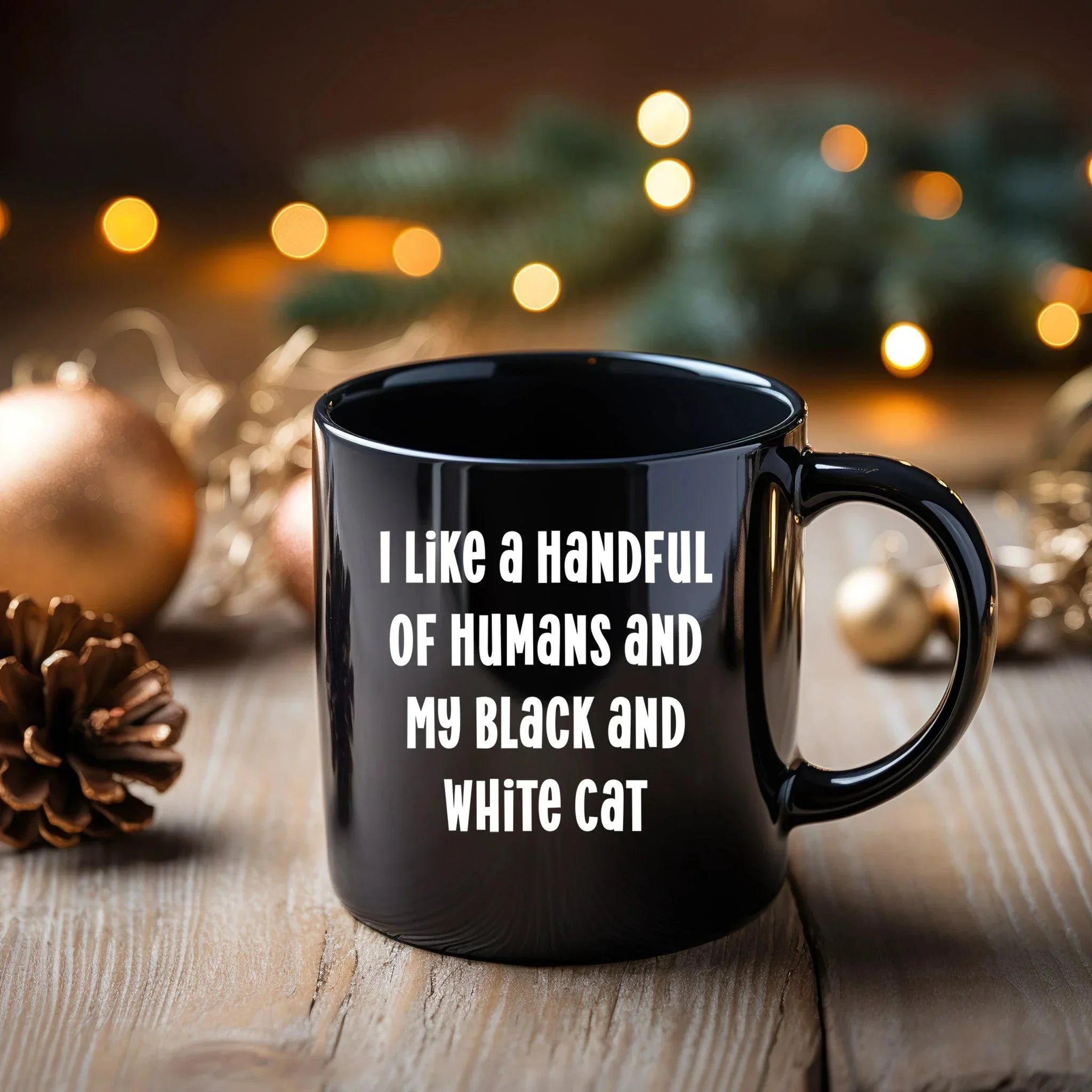I Like a Handful of Humans and My Black and White Cat Mug – Funny Cat Lover Gift – Black Ceramic Coffee Cup