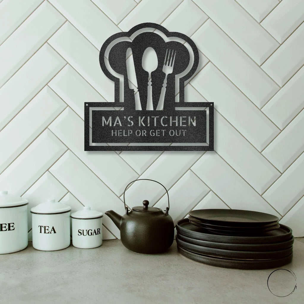 Personalized Kitchen Art - Laser-Cut Metal Wall Sign with Chef Hat Design
