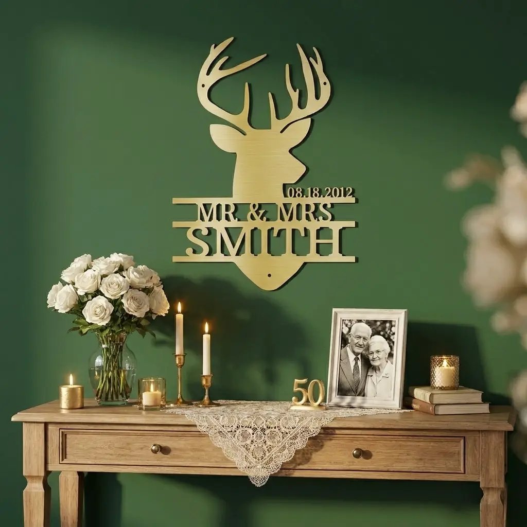 Personalized Deer Head Metal Sign, Mr & Mrs Name Sign, Wedding Gift, Anniversary Gift 25th 50th, Custom Last Name Wall Decor, Rustic Lodge Decor