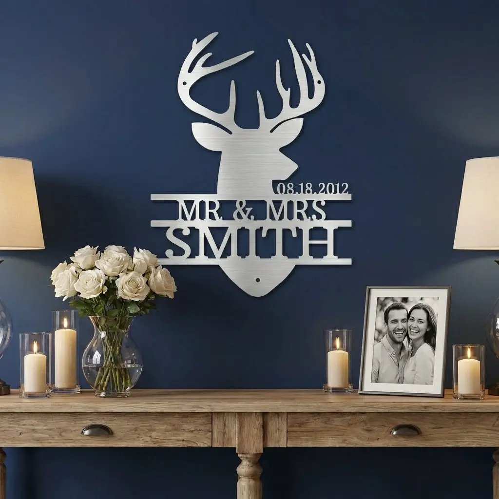 Personalized Deer Head Metal Sign, Mr & Mrs Name Sign, Wedding Gift, Anniversary Gift 25th 50th, Custom Last Name Wall Decor, Rustic Lodge Decor