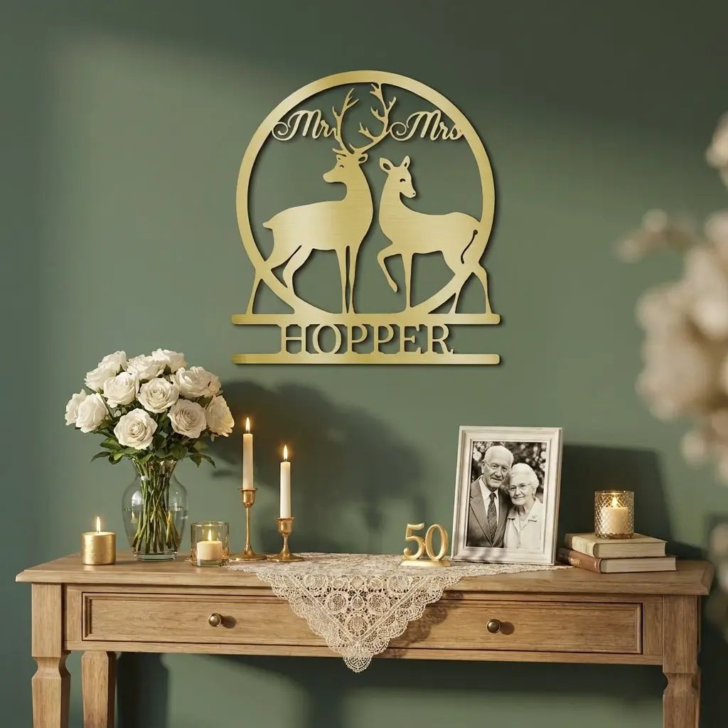 Personalized Mr & Mrs Deer Metal Sign – Custom Last Name Wedding Wall Art – Rustic Anniversary Gift for Couple