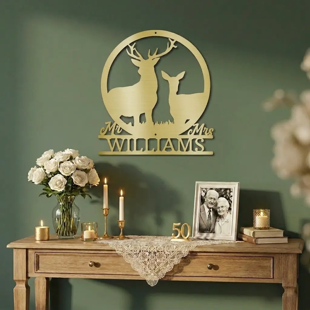 Personalized Mr & Mrs Deer Couple Metal Sign – Custom Last Name Stag & Doe Wall Art – Romantic Wedding or Anniversary Gift
