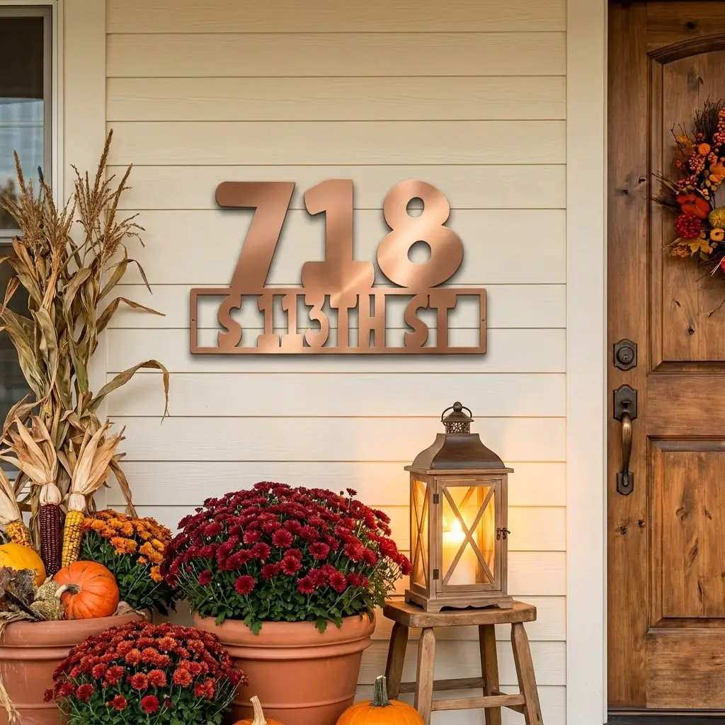 Personalized Metal Address Sign – Custom House Number Steel Wall Art – Modern Farmhouse Address Plaque – Outdoor Powder Coated Home Decor