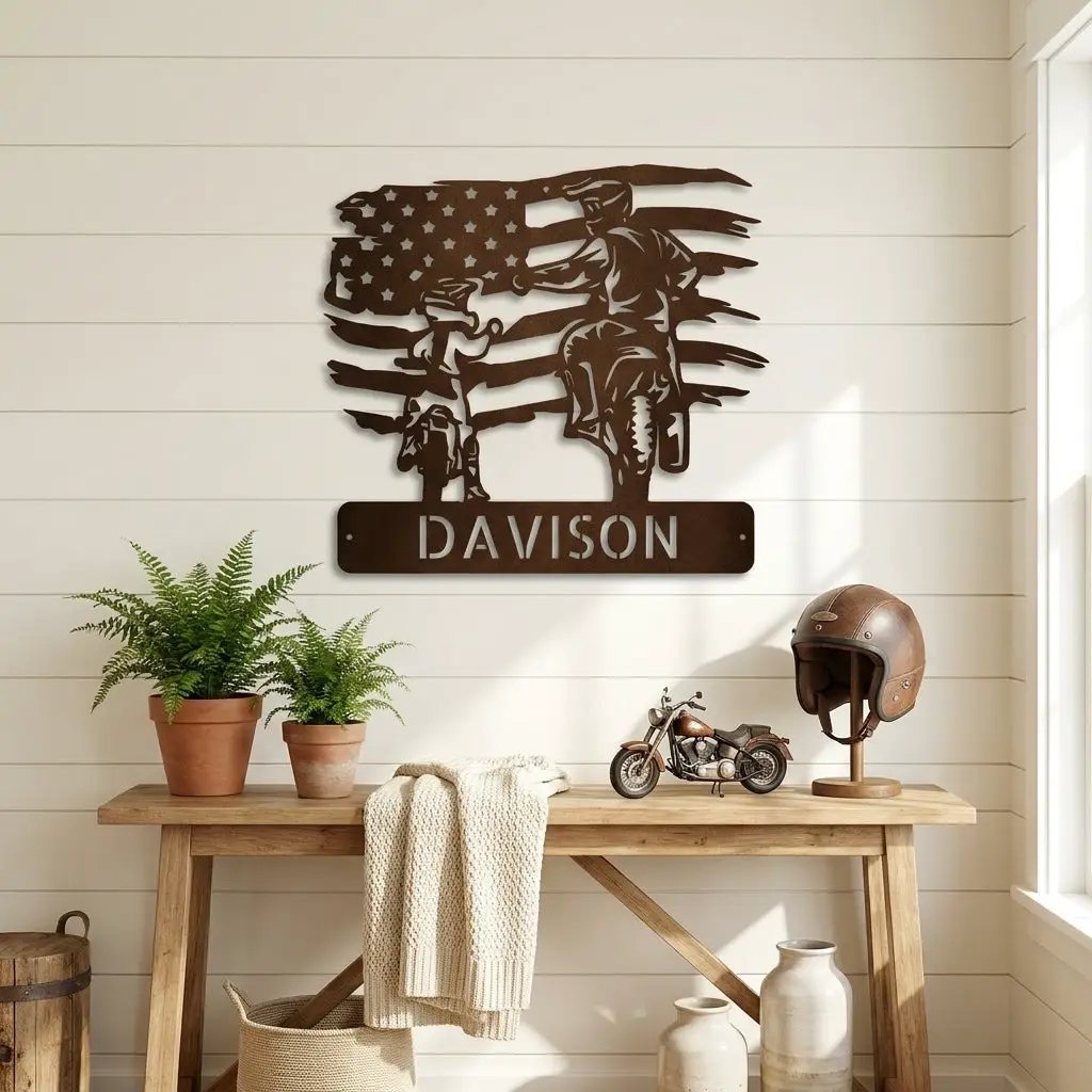 Personalized American Father & Son Motorcycle Metal Wall Art | Patriotic Biker Family Sign | Custom USA Motorcycle Decor