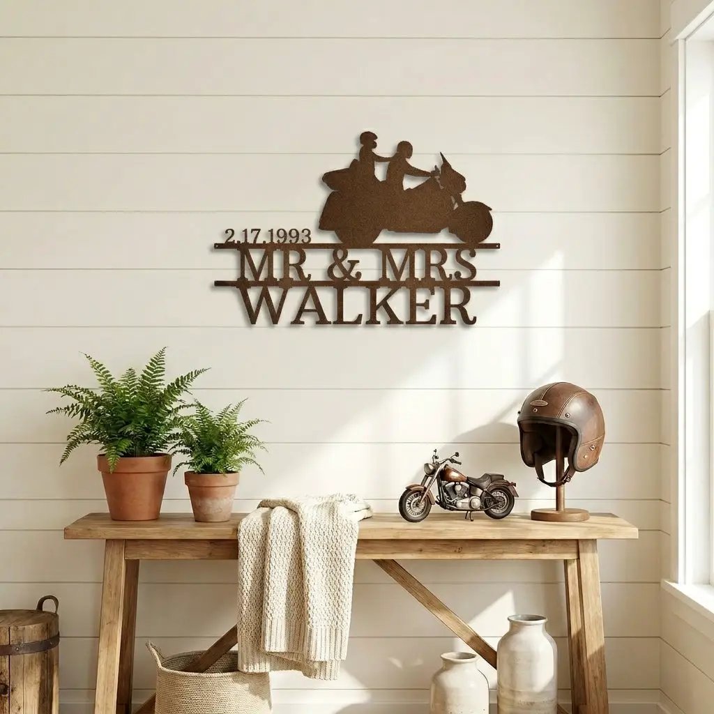 Personalized Motorcycle Couple Metal Sign Mr and Mrs Wedding Gift Custom Biker Wall Art Anniversary Gift Steel Decor