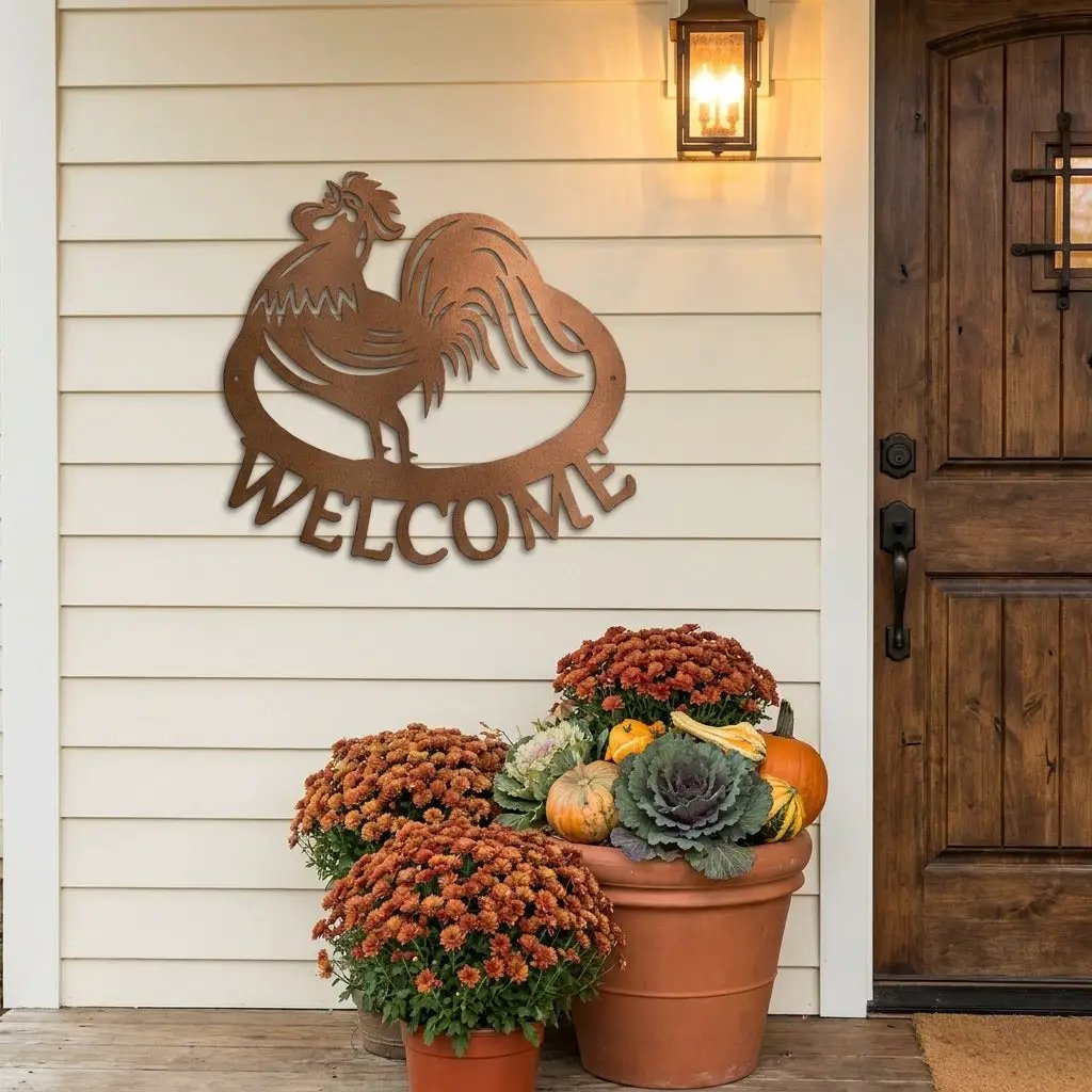 Welcome Rooster Metal Wall Art – Farmhouse Chicken Decor – Rustic Kitchen Wall Sign – Country Home Decor – Farmhouse Porch Sign