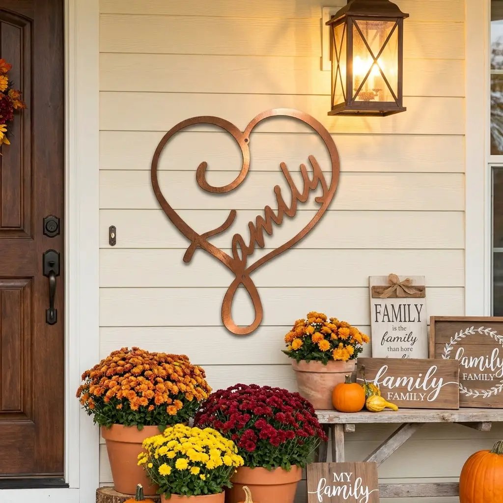 Family Name Heart Metal Wall Art Sign – Custom Steel Family Love Monogram – Laser Cut Amish Crafted Metal Home Decor