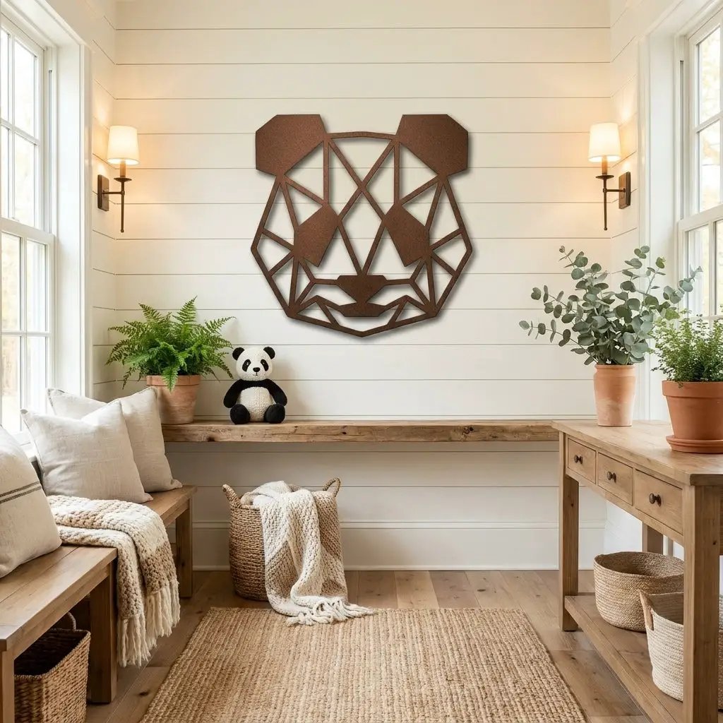 Geometric Panda Metal Wall Art – Modern Animal Steel Décor – Minimalist Panda Head Wall Hanging