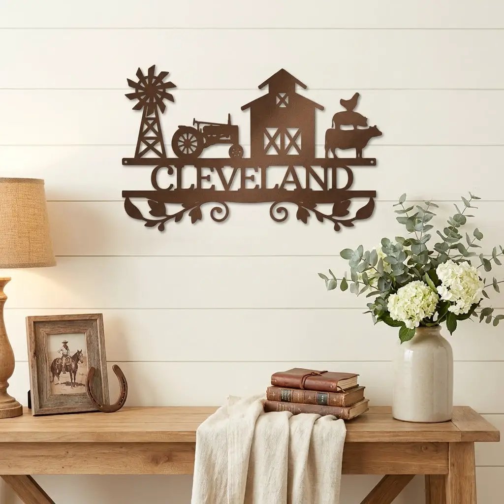 Personalized Barn & Tractor Steel Wall Art - Custom Farm Name Metal Sign