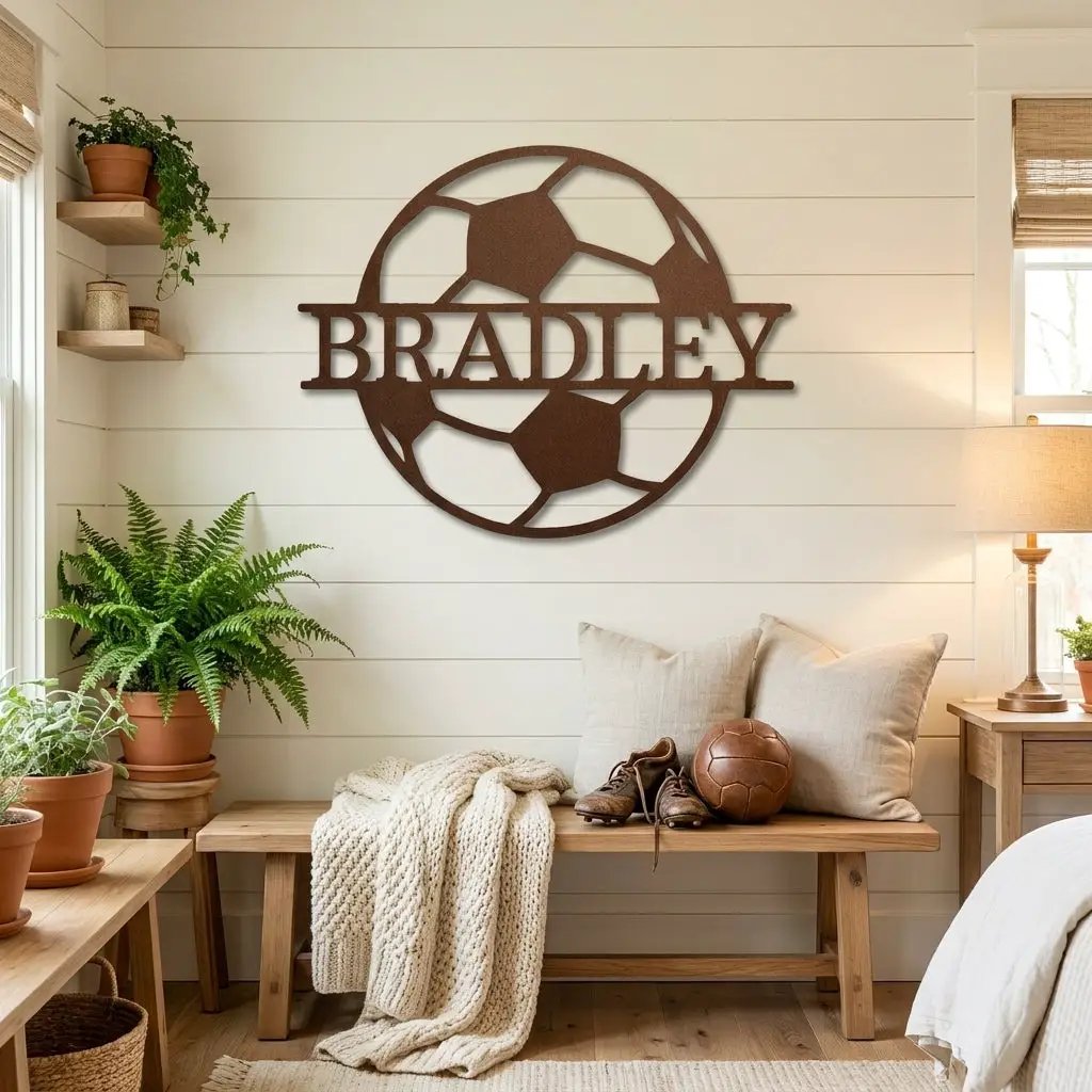 Personalized Soccer Ball Metal Wall Art – Custom Name Soccer Sign – Sports Decor for Kids Room, Soccer Player Gift, Indoor Outdoor Steel Sign