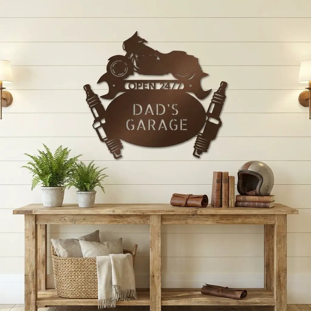 Personalized Motorcycle Garage Metal Sign, Custom Dad Garage Decor, Biker Wall Art, Man Cave Gift, Mechanic Shop Sign, Fathers Day Gift Idea