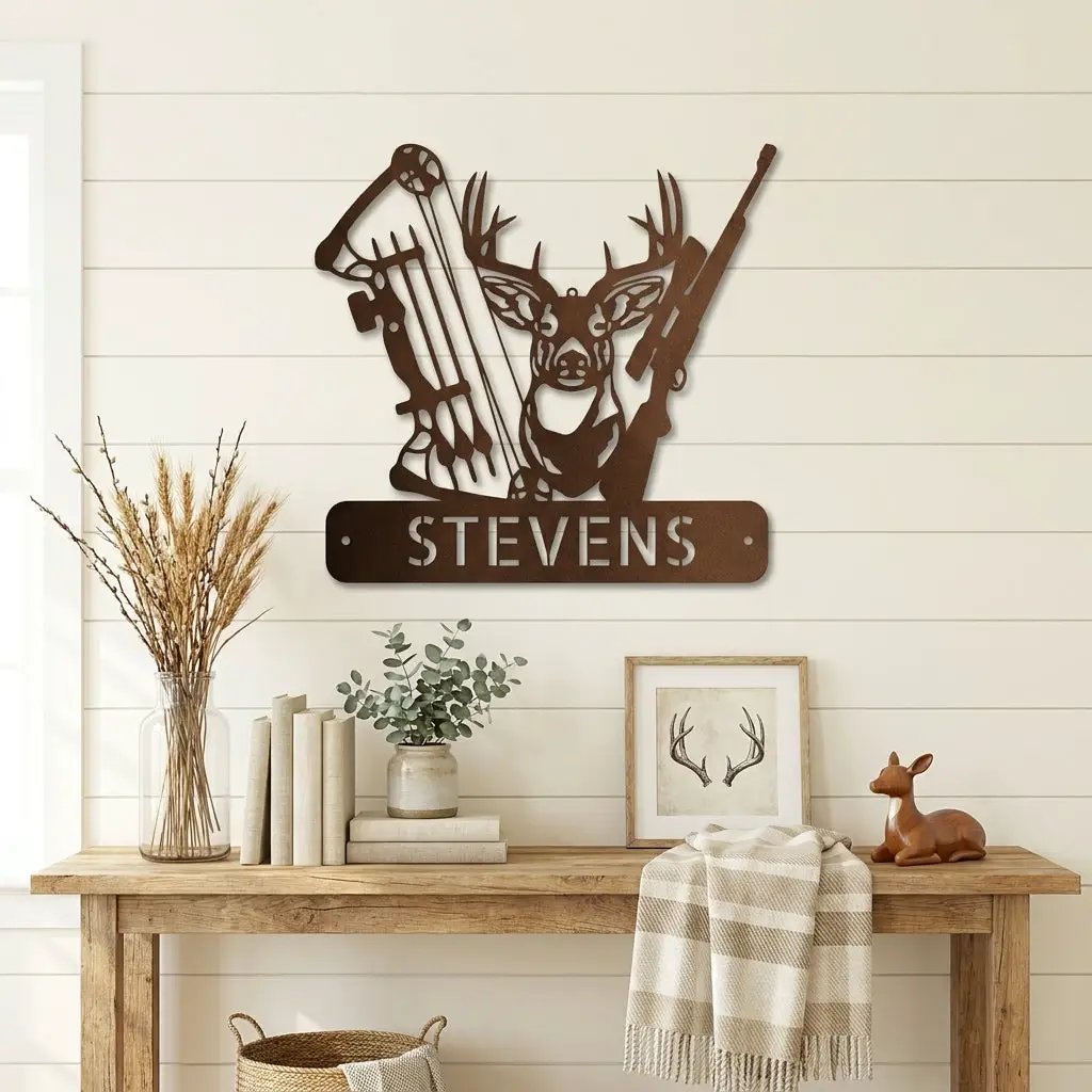 Personalized Deer Hunting Metal Wall Art Custom Hunter Name Sign Buck Head Bow Rifle Decor Rustic Cabin Hunting Gift Outdoor Wall Decor