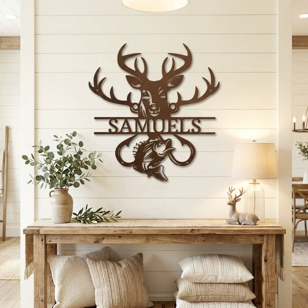 Outdoorsman Custom Metal Wall Art Deer Hunting and Bass Fishing Sign Custom Name Rustic Cabin Decor Hunter Fisherman Gift