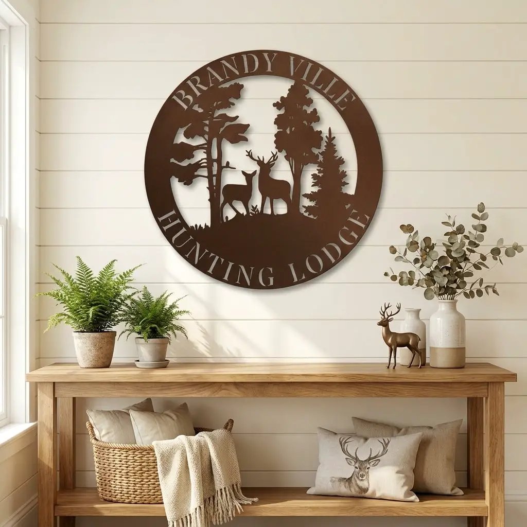 Personalized Deer Couple Metal Wall Art Custom Family Name Sign Hunting Lodge Decor Buck Doe Forest Scene Rustic Outdoor Wall Hanging