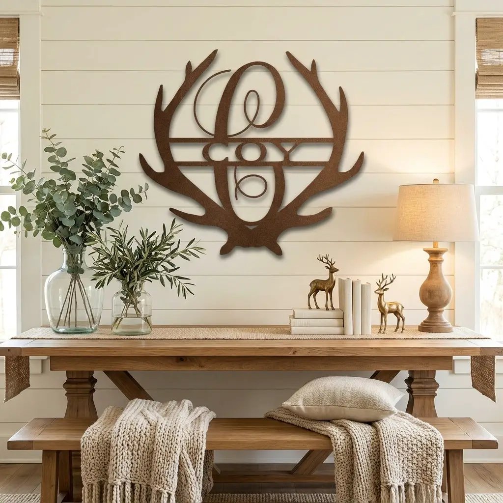 Personalized Deer Antler Family Name Metal Sign – Rustic Last Name Monogram Wall Art – Cabin Lodge Decor Gift