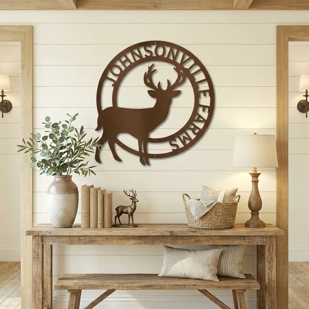 Personalized Deer Family Name Metal Sign – Custom Last Name Circle Wall Art – Rustic Farmhouse Home Decor Gift