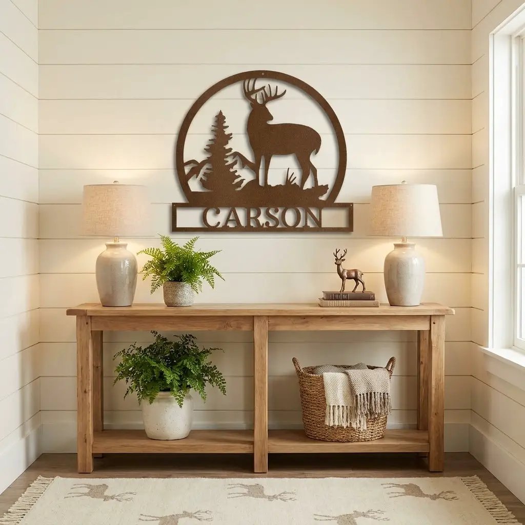 Personalized Deer Scene Metal Sign – Custom Last Name Wall Art – Rustic Cabin Forest Decor Gift