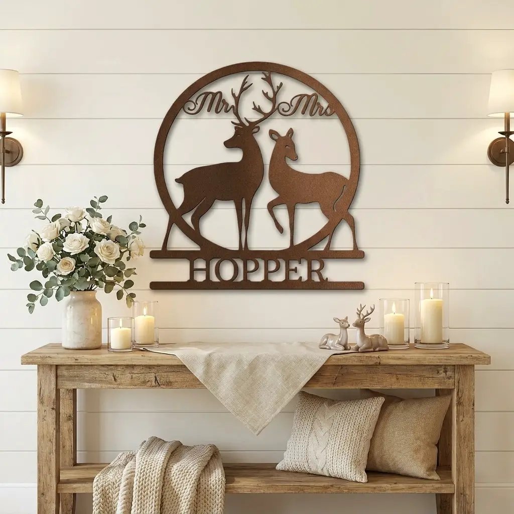 Personalized Mr & Mrs Deer Metal Sign – Custom Last Name Wedding Wall Art – Rustic Anniversary Gift for Couple