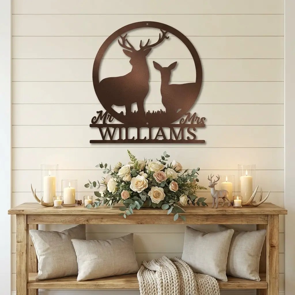Personalized Mr & Mrs Deer Couple Metal Sign – Custom Last Name Stag & Doe Wall Art – Romantic Wedding or Anniversary Gift