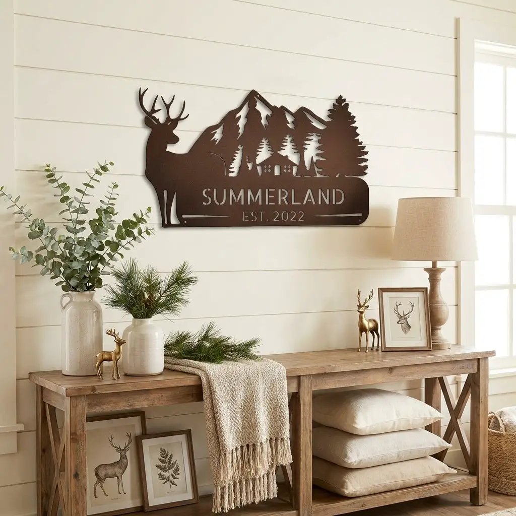 Personalized Deer Mountain Cabin Metal Sign – Custom Family Name Wilderness Wall Art – Rustic Lodge Decor with Trees & Mountains
