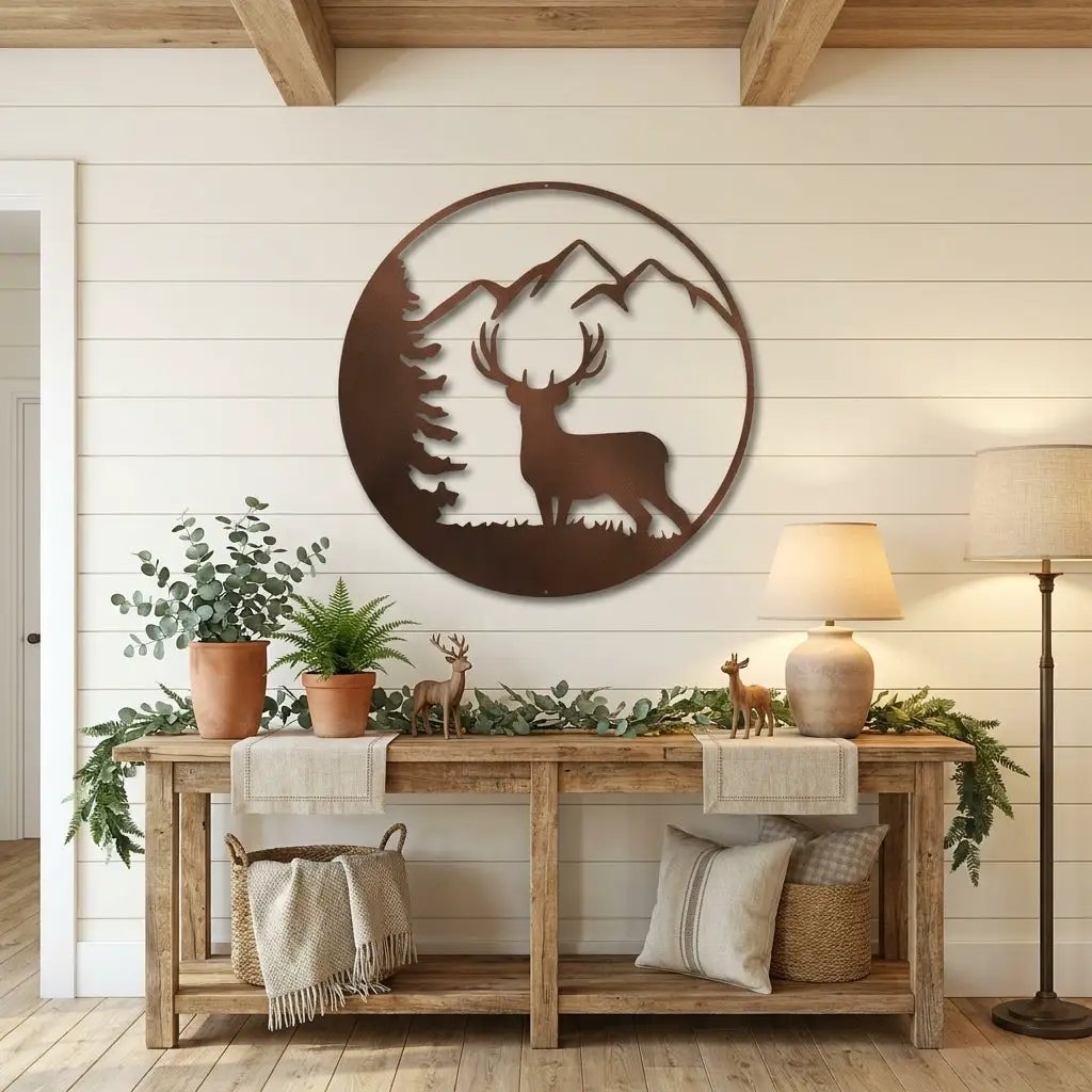 Deer Mountain Metal Wall Art – Rustic Wildlife Circle Sign – Forest & Cabin Lodge Decor – Stag Silhouette Steel Wall Hanging