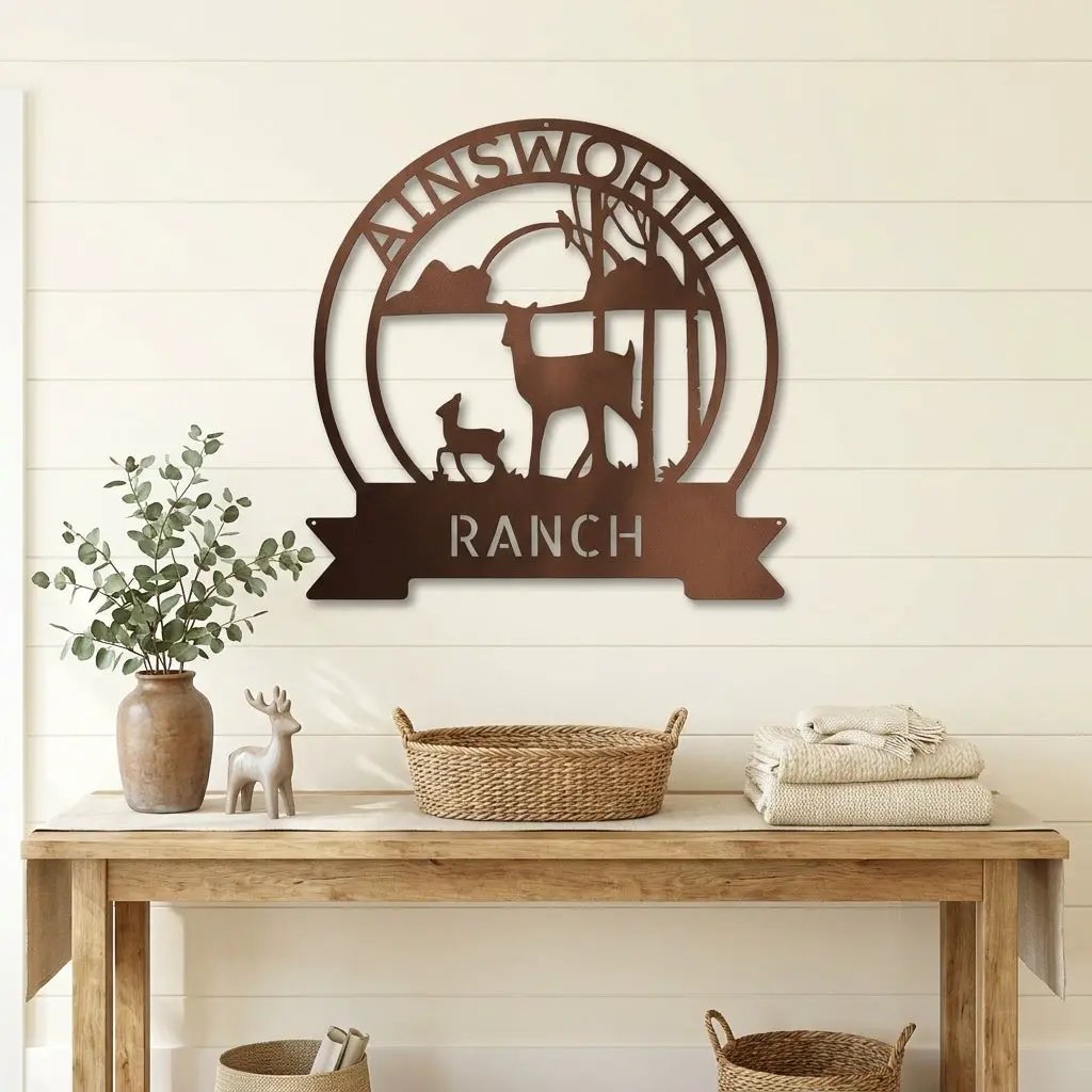 Personalized Deer Ranch Metal Sign – Doe & Fawn Sunset Wall Art – Custom Family Name & Ranch Name Sign – Rustic Farmhouse Lodge Decor