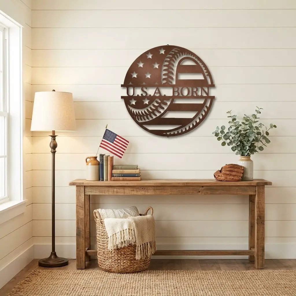 Baseball American Flag Custom Name Metal Art Wall Sign