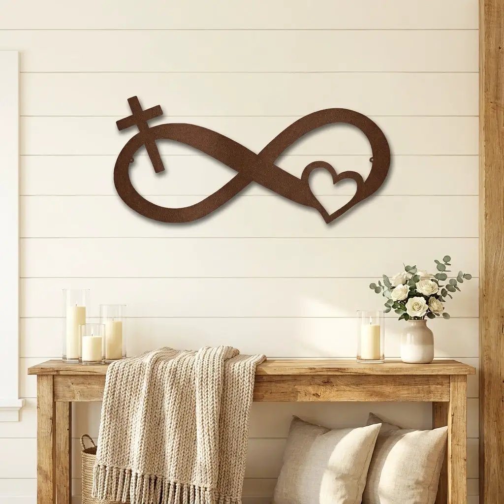 Infinity Cross and Heart Metal Wall Art – Christian Faith Inspired Indoor/Outdoor Sign – Laser Cut Powder-Coated Steel, Elegant Religious Home Décor (Multiple Sizes & Colors)