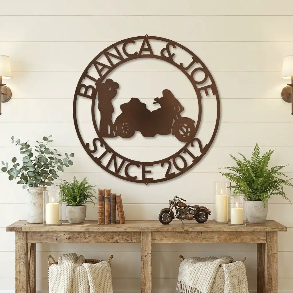 Personalized Couples Motorcycle Trike Metal Wall Art – Custom Names & Date Biker Sign – Anniversary Gift for Couples, Man Cave Garage Decor