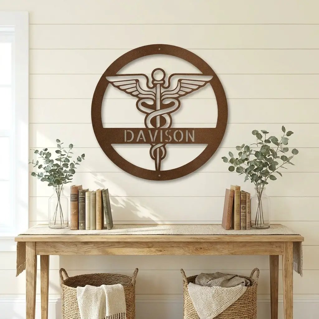 Personalized Medical Symbol Metal Wall Art – Custom Caduceus Steel Sign – Doctor Nurse Healthcare Professional Gift Decor