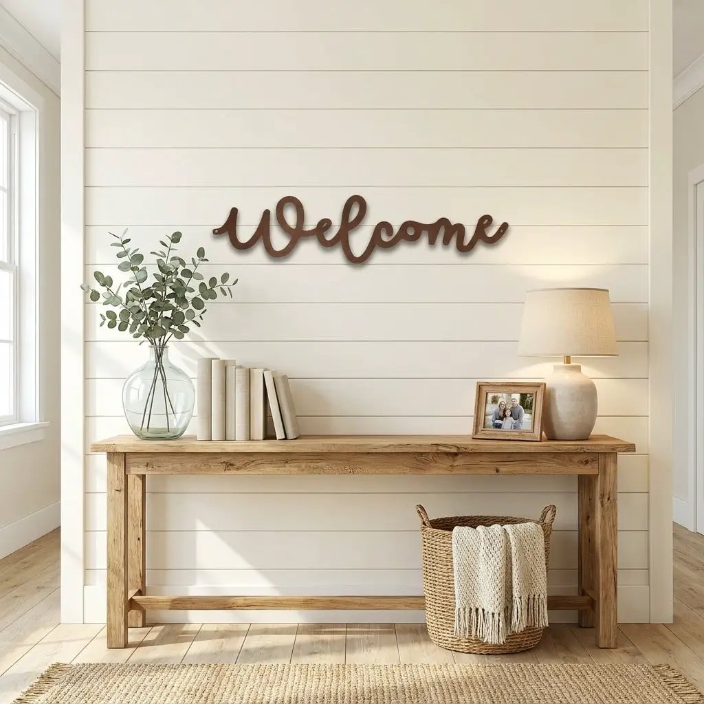 Welcome Script Metal Wall Art – Modern Farmhouse Welcome Sign – Minimalist Entryway Steel Decor for Porch, Foyer & Living Room
