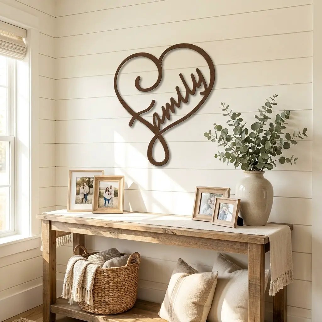Family Name Heart Metal Wall Art Sign – Custom Steel Family Love Monogram – Laser Cut Amish Crafted Metal Home Decor